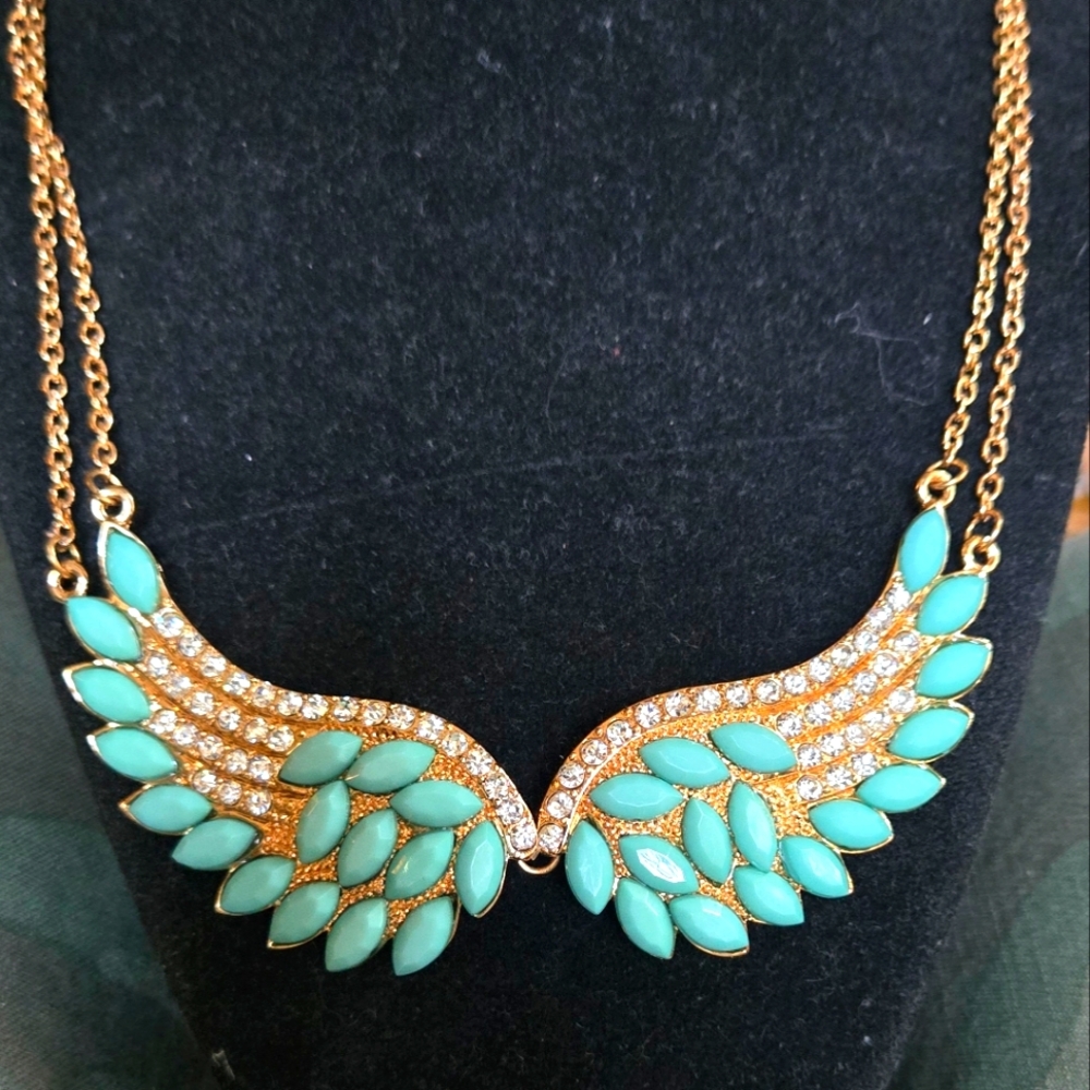 Turquoise & Crystal Gold Wing Necklace 9"/18 Adjustsble